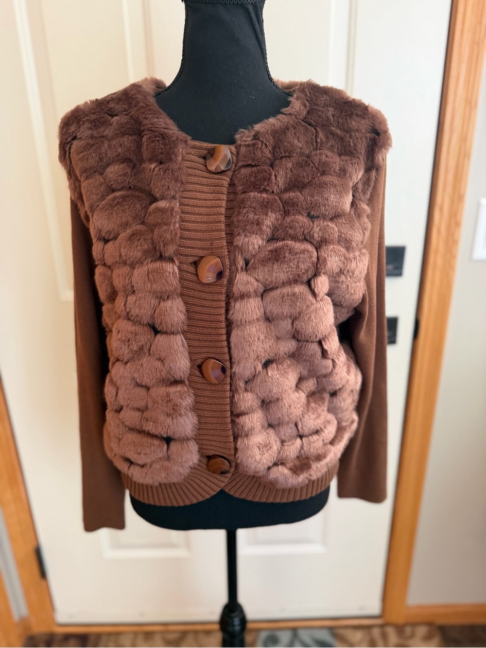 Lisa International brown faux fur bubble cardigan sweater. Size large petite